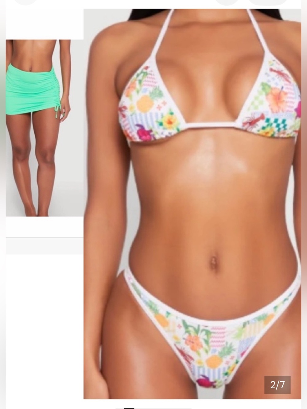 3 piece White Floral Triangle Bikini Set with Mint Ruched Skirt Cover-Up